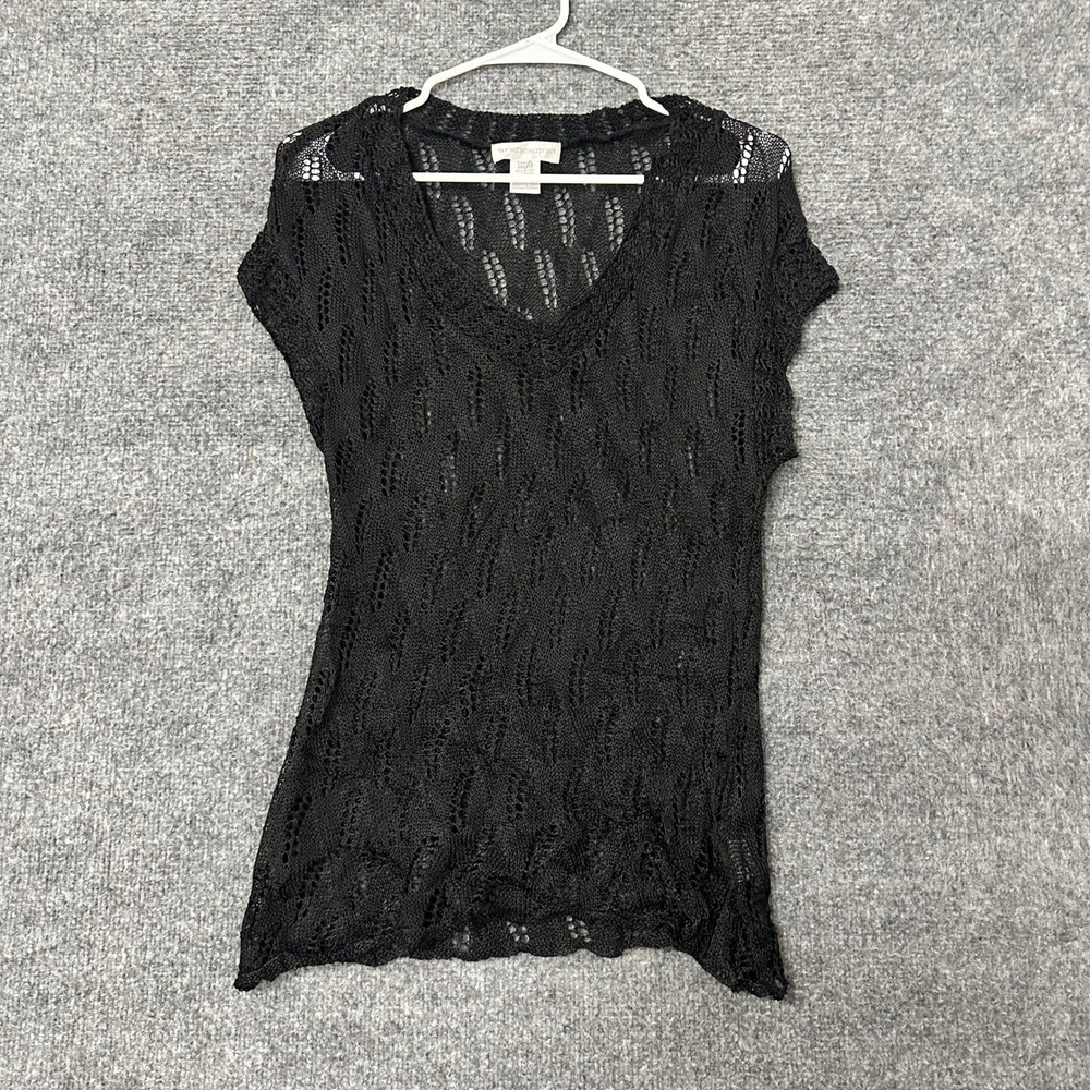 Worthington Sweater Top Womens Size Large Black Rayon Open Knit Crochet V-Neck